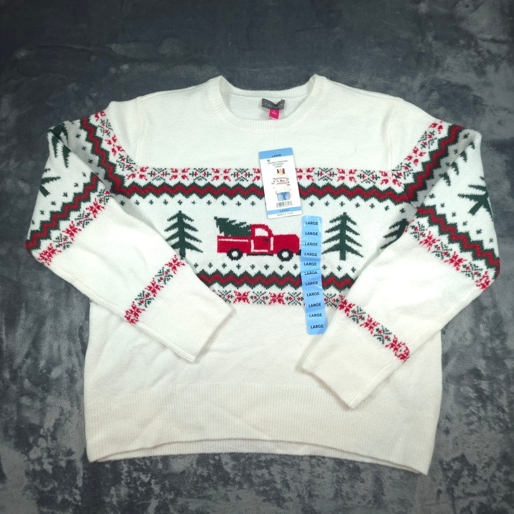 Vince Camuto Womens Holiday Sweater Cream Red Truck Christmas Tree SV7765200 L